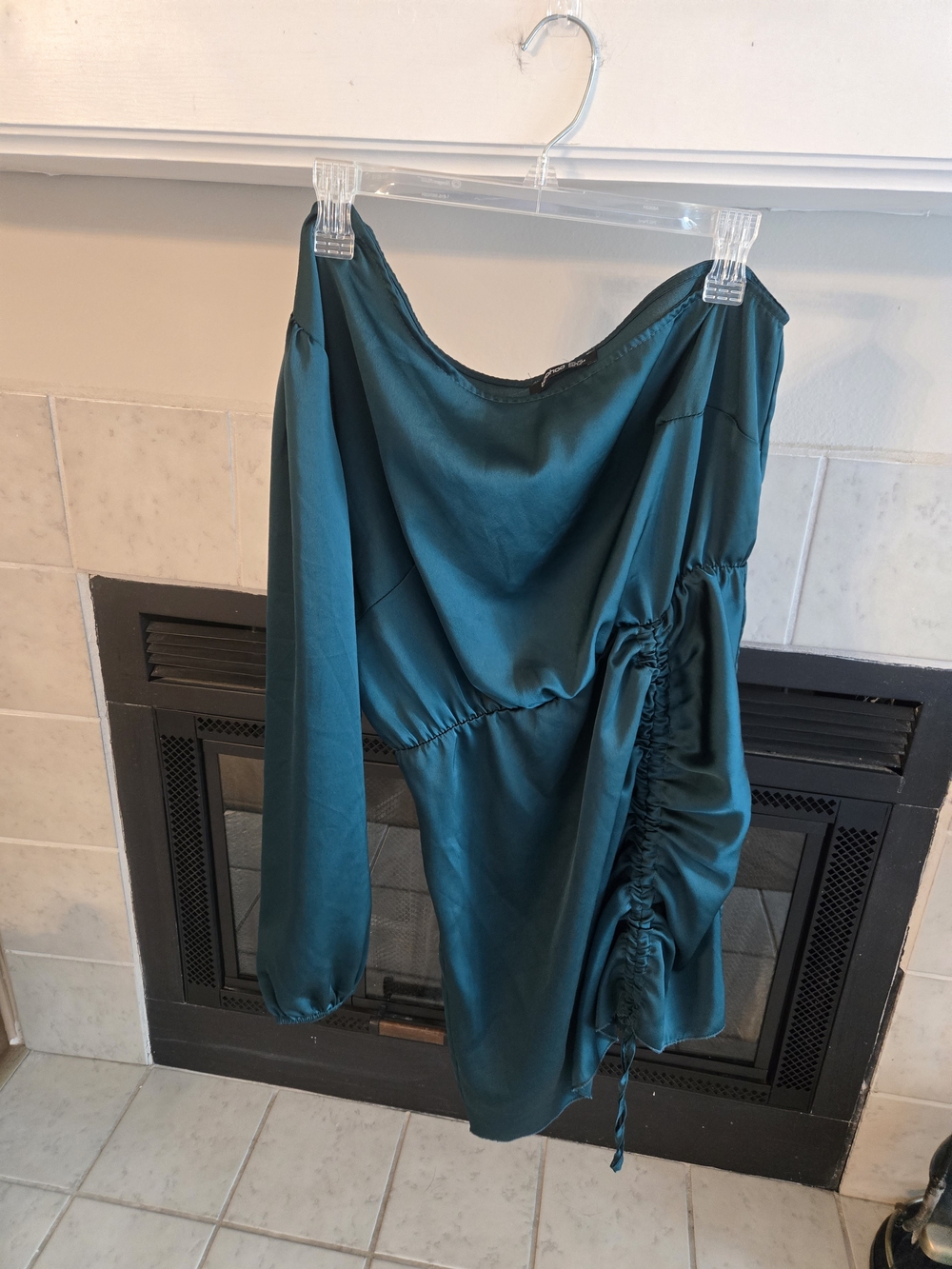 Boohoo Teal Satin One-Arm Ruched Dress